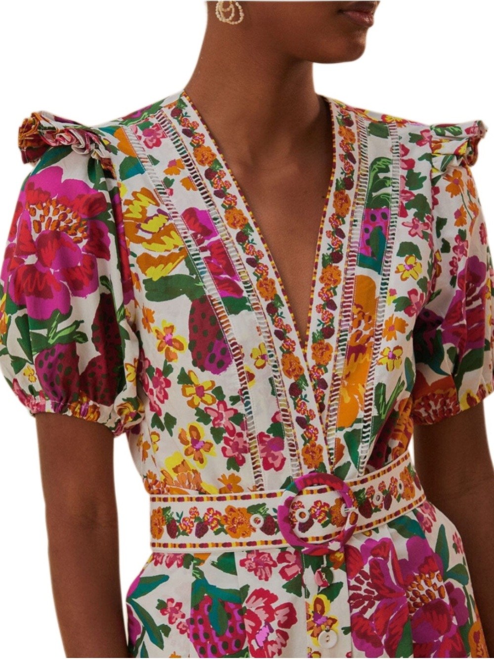 NWT Farm Rio Off White Cotton Floral Print Sketch Cotton Belted Romper Size XS - Picture 8 of 15